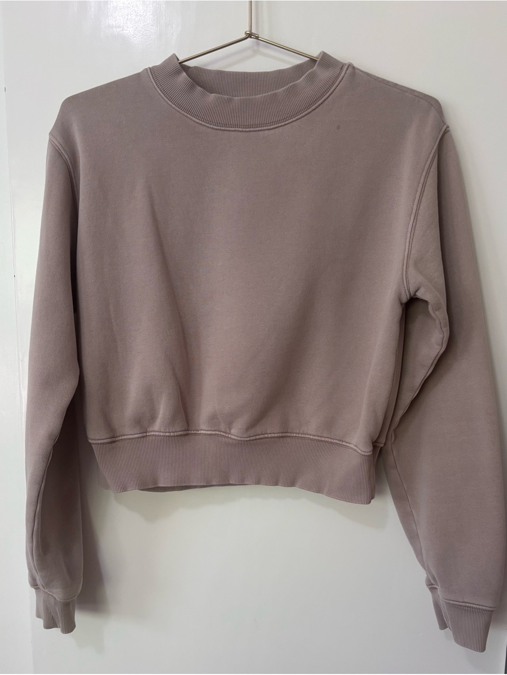 TNA| Aritzia| Taupe Cozy Cropped Fleece Crew Neck Sweatshirt Sz XS
